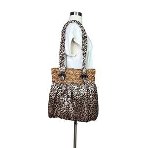Capelli | Leopard Print Satin Straw Trim Shoulder Bag Boho Slouchy Tote Purse
